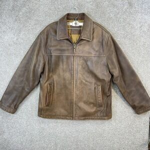 Dockers Men Brown Genuine Leather Jacket Quilted Lined Full Zip Large
